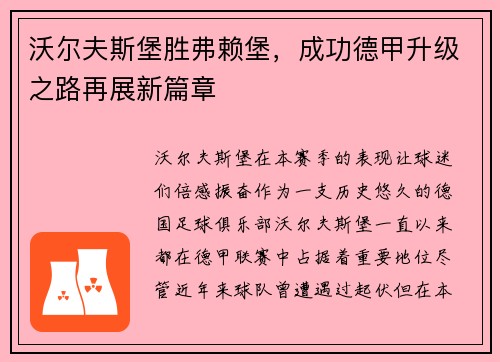 沃尔夫斯堡胜弗赖堡，成功德甲升级之路再展新篇章