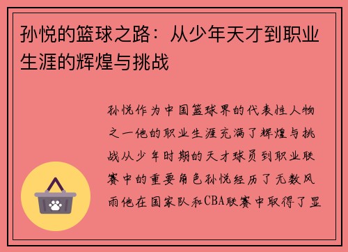 孙悦的篮球之路：从少年天才到职业生涯的辉煌与挑战
