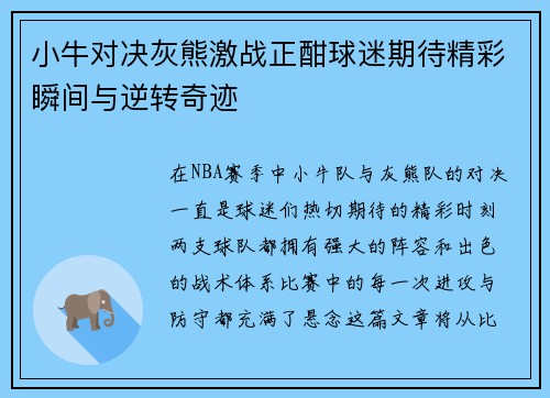 小牛对决灰熊激战正酣球迷期待精彩瞬间与逆转奇迹