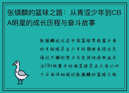 张镇麟的篮球之路：从青涩少年到CBA明星的成长历程与奋斗故事